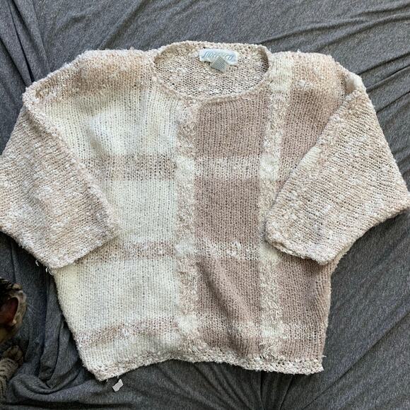 Vintage 90s Side Effects Hand Knit Acrylic Sweater White Beige Checked MEDIUM - Picture 13 of 13